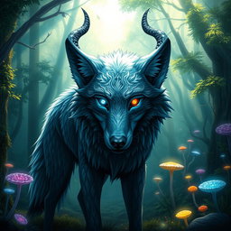 A majestic four-eyed wolf with impressive horns, standing in a mystical forest