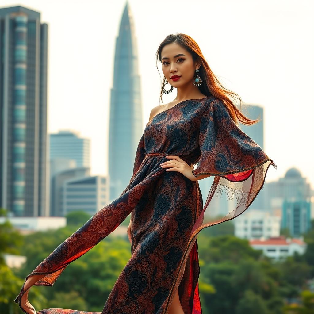 A stunning portrait of a modern Jakarta woman, showcasing a fusion of traditional and contemporary fashion