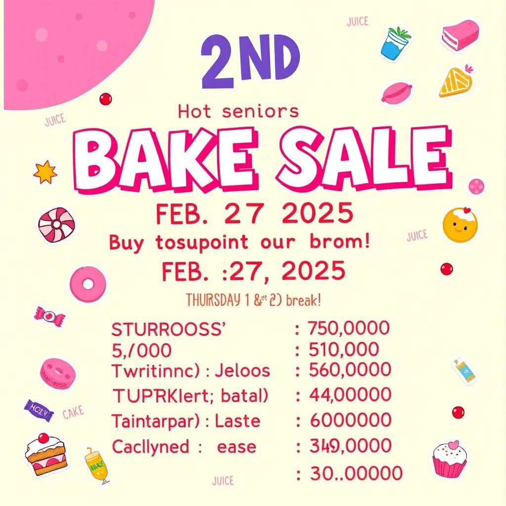 A vibrant and colorful card designed for a bake sale aimed at seniors