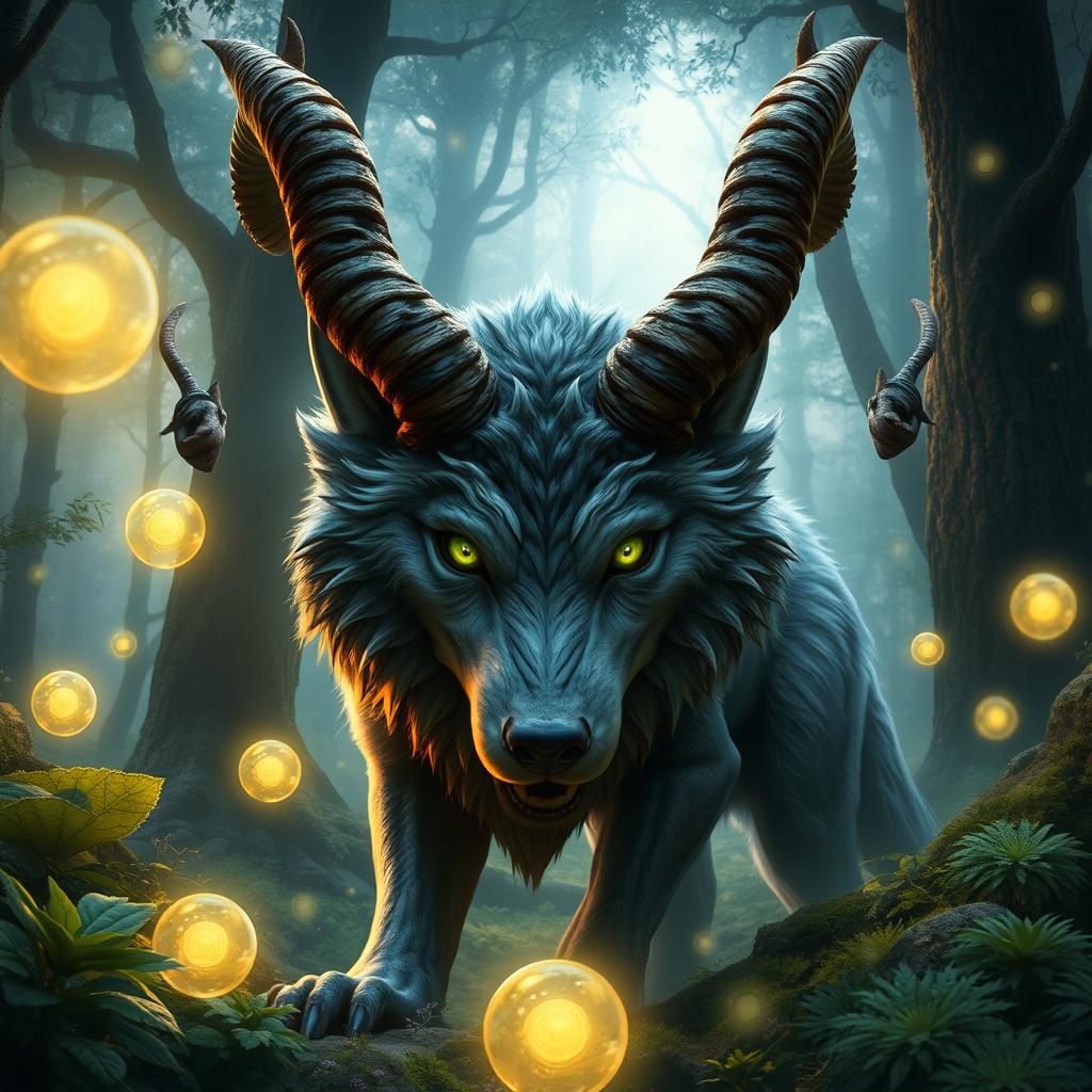 A fantastical creature depicted as a wolf with four eyes and large, majestic horns