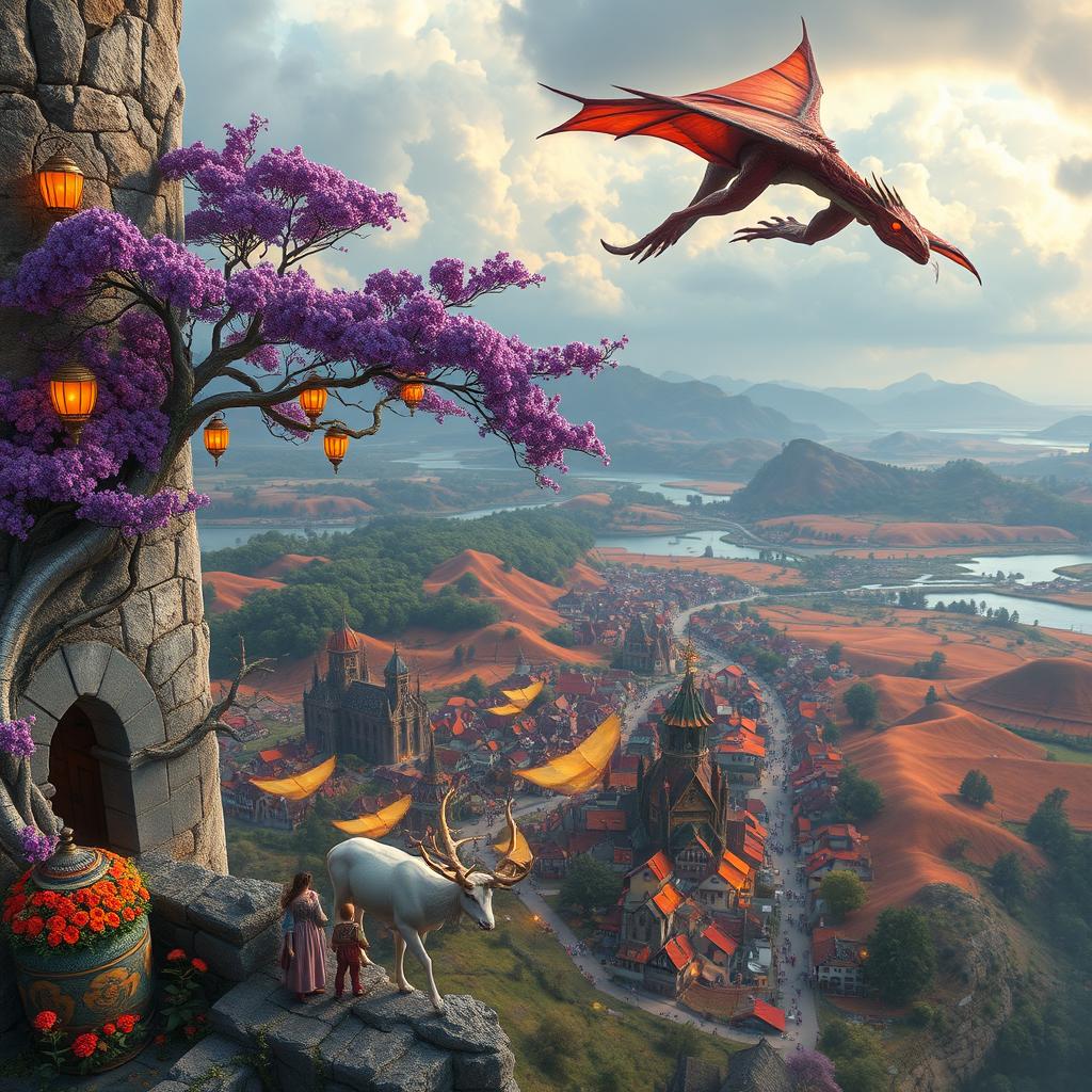 A breathtaking view from a crumbling ancient tower overlooking a vibrant town filled with cheerful common folk