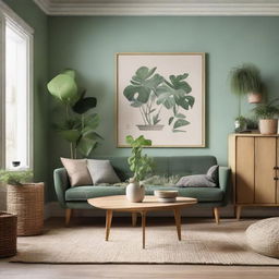 A vintage-style living room using natural materials, predominantly wood, and filled with plants. The color scheme is a blend of nude, green, and gray.