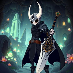 A humanized version of the protagonist from Hollow Knight, depicted as a brave knight in a whimsical fantasy realm