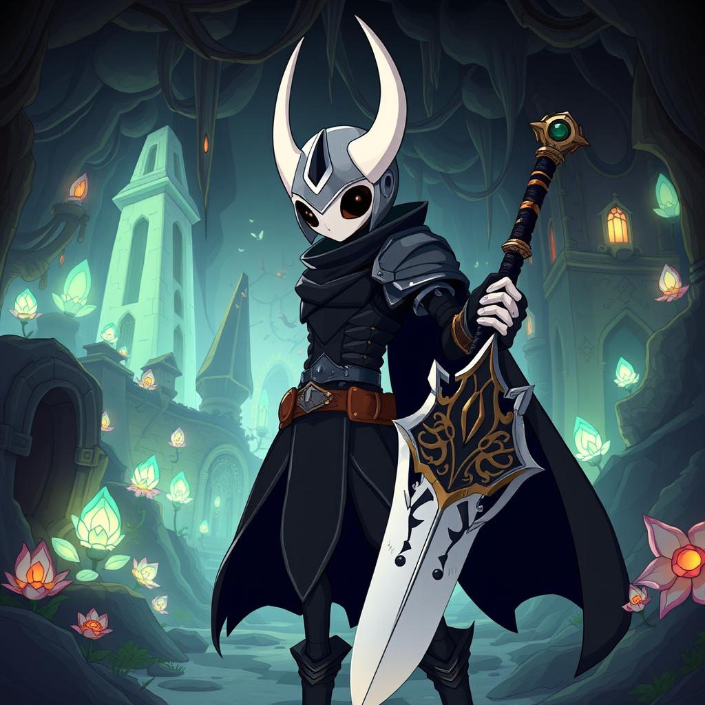 A humanized version of the protagonist from Hollow Knight, depicted as a brave knight in a whimsical fantasy realm