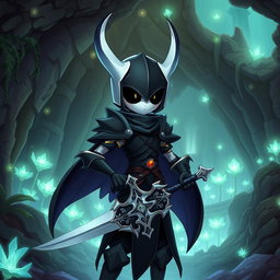 A humanized version of the protagonist from Hollow Knight, depicted as a brave knight in a whimsical fantasy realm