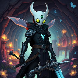 A humanized version of the protagonist from Hollow Knight, depicted as a brave knight in a whimsical fantasy realm