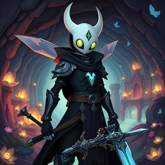 A humanized version of the protagonist from Hollow Knight, depicted as a brave knight in a whimsical fantasy realm