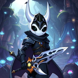 A humanized version of the protagonist from Hollow Knight, depicted as a brave knight in a whimsical fantasy realm
