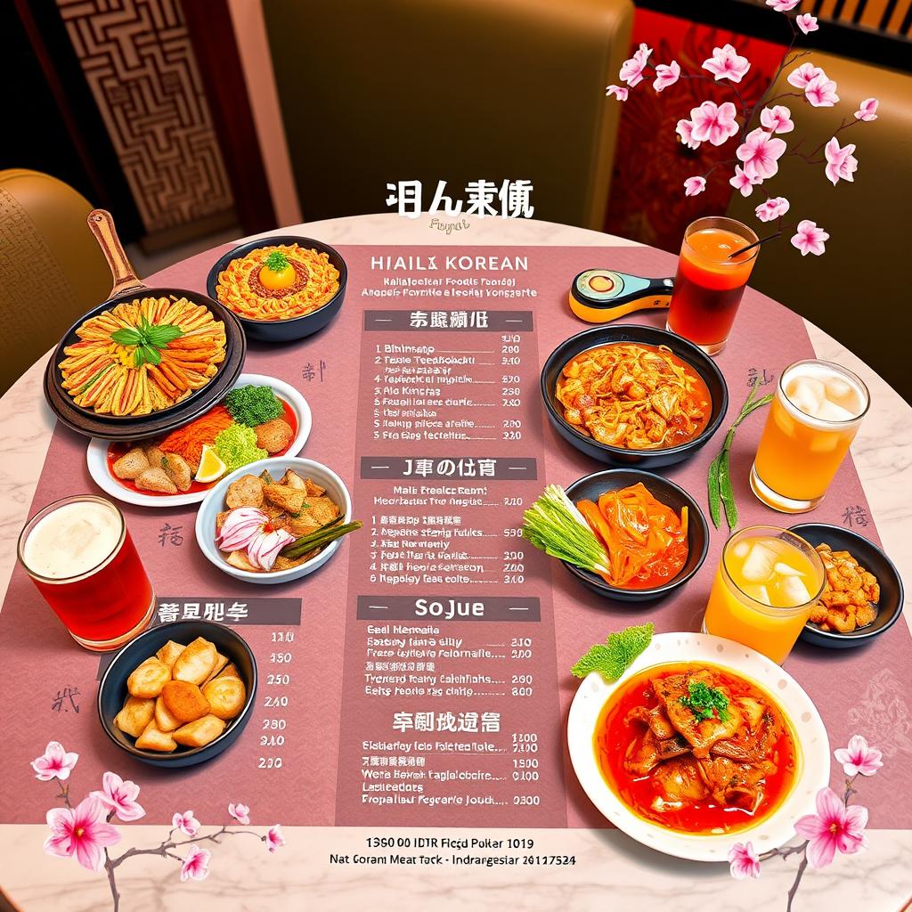 A beautifully designed menu showcasing a selection of halal Korean foods and drinks, creatively arranged on a stylish table
