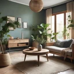 A vintage-style living room using natural materials, predominantly wood, and filled with plants. The color scheme is a blend of nude, green, and gray.