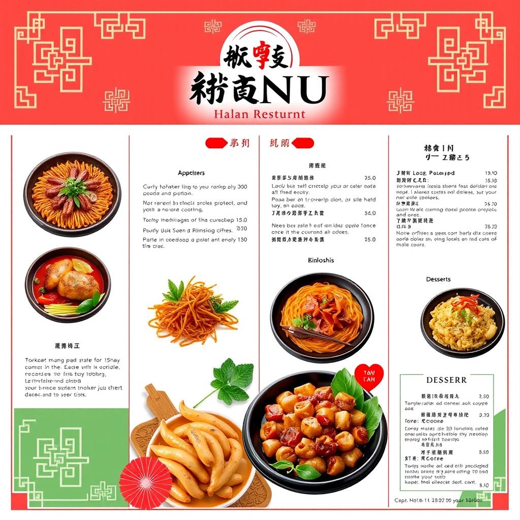 A beautifully designed menu for a Korean restaurant featuring halal food, including dishes like bibimbap, bulgogi, kimchi, and tteokbokki
