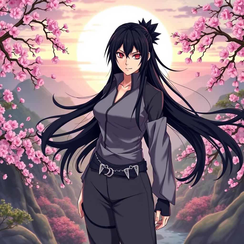 A female version of Sasuke Uchiha, featuring long, flowing black hair styled in a similar manner to the original character, dressed in a stylish, modernized version of his ninja outfit, including a high-collared shirt, fitted pants, and a traditional shuriken pouch