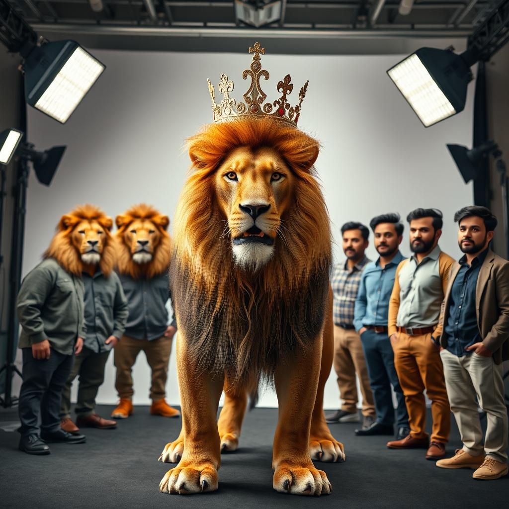 A dynamic scene set in a modern photography studio, featuring multiple clones of a fierce lion and an imposing figure wearing a crown