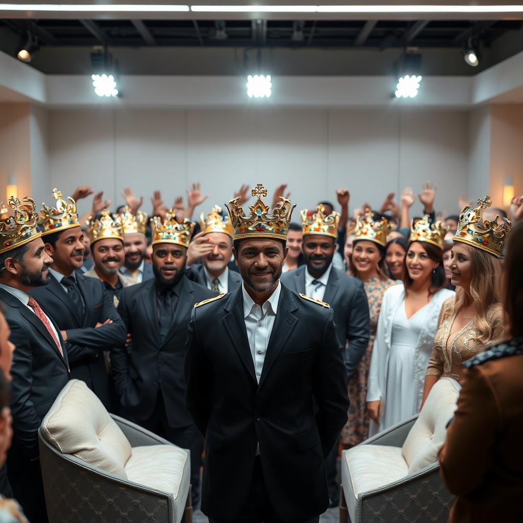 A group of clones in a contemporary studio setting, all wearing elegant crowns, standing confidently and facing an enthusiastic crowd