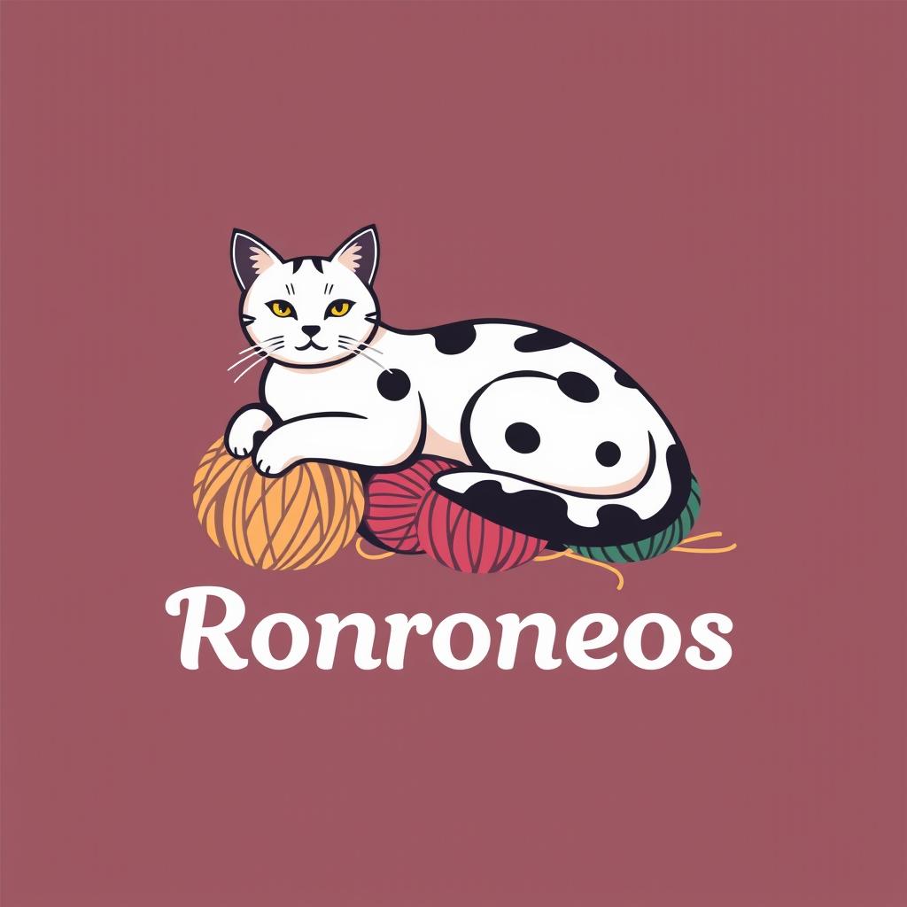 A logo design for a knitting business featuring a white cat with black spots, lying comfortably on colorful balls of yarn