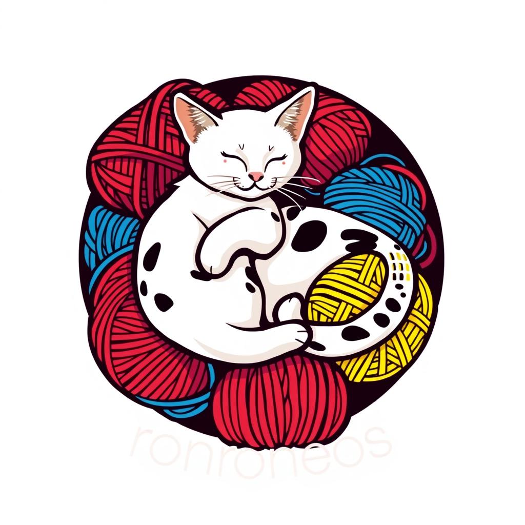 A logo for a knitting business featuring a white cat with black spots lounging on colorful yarn balls
