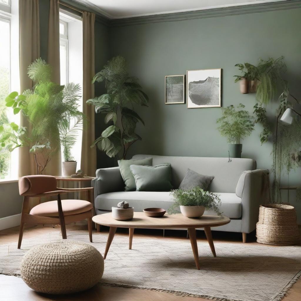 A vintage-style living room using natural materials, predominantly wood, and filled with plants. The color scheme is a blend of nude, green, and gray.