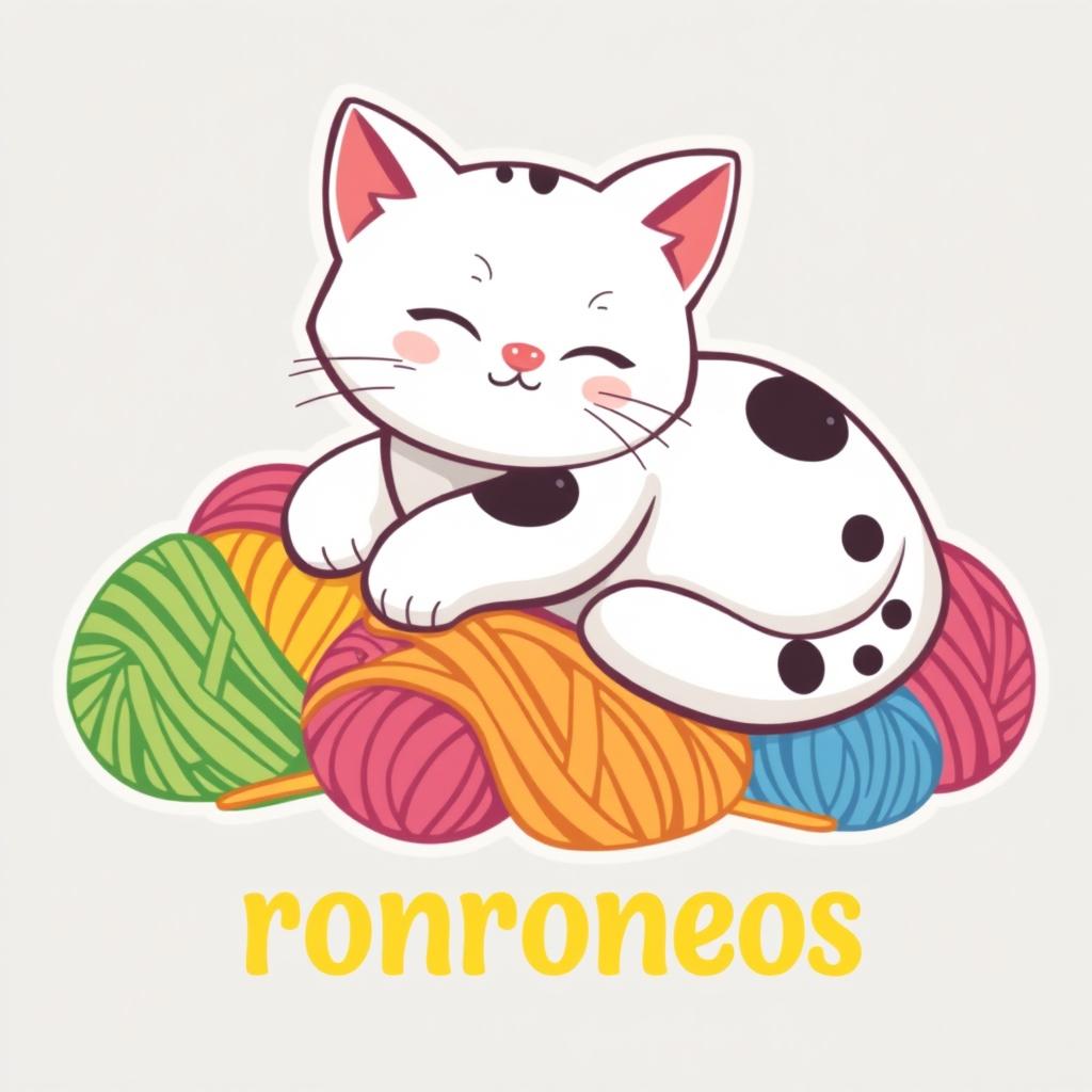 A logo design for a yarn business featuring a white cat with black spots, lying comfortably on a pile of colorful yarn balls