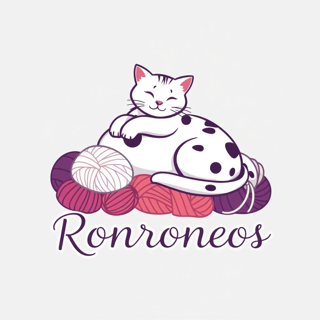 A logo for a knitting business featuring a white cat with black spots, lounging atop a pile of colorful yarn balls