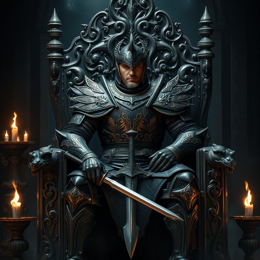 A powerful man seated on an ornate throne, fully clad in complete nightingale armor from Skyrim