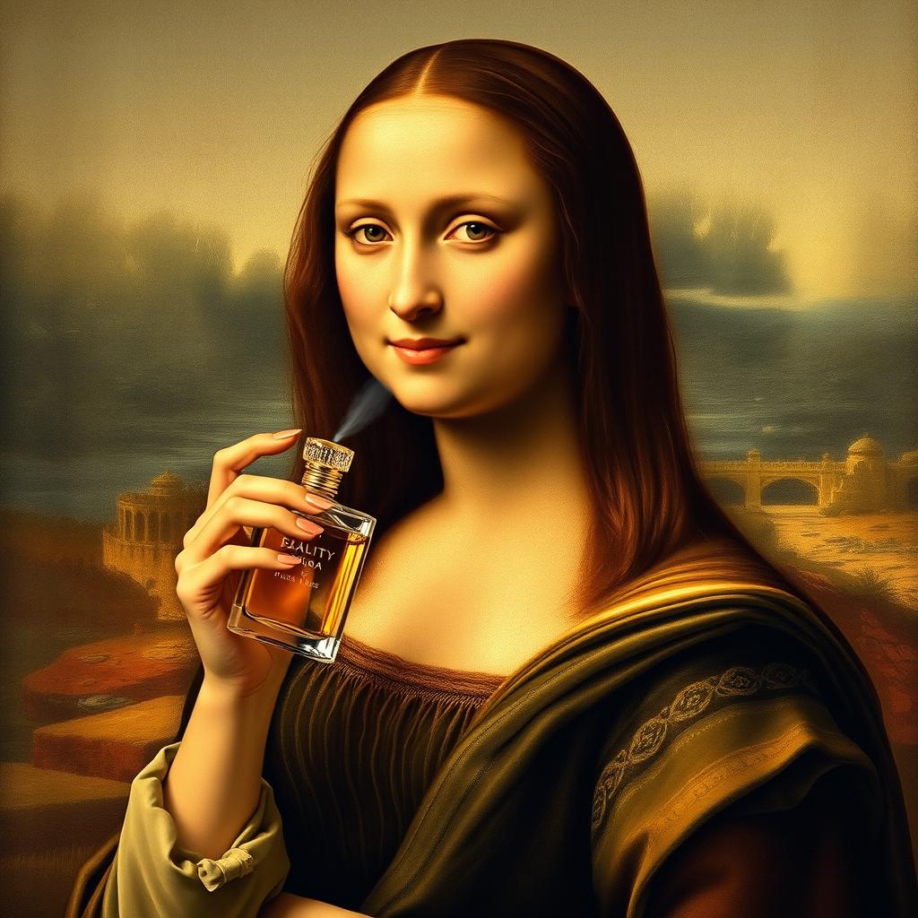 A modern reimagining of the Mona Lisa, featuring her elegantly applying perfume
