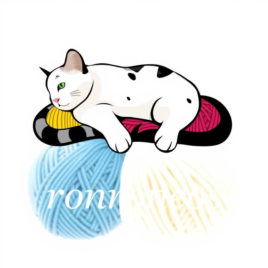 Logo for a yarn business featuring a white cat with black spots lying on top of colorful yarn balls