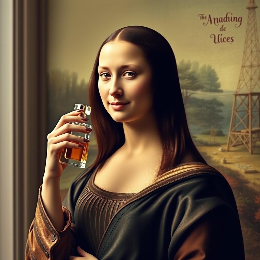 A modern reimagining of the Mona Lisa, showcasing her gracefully applying perfume