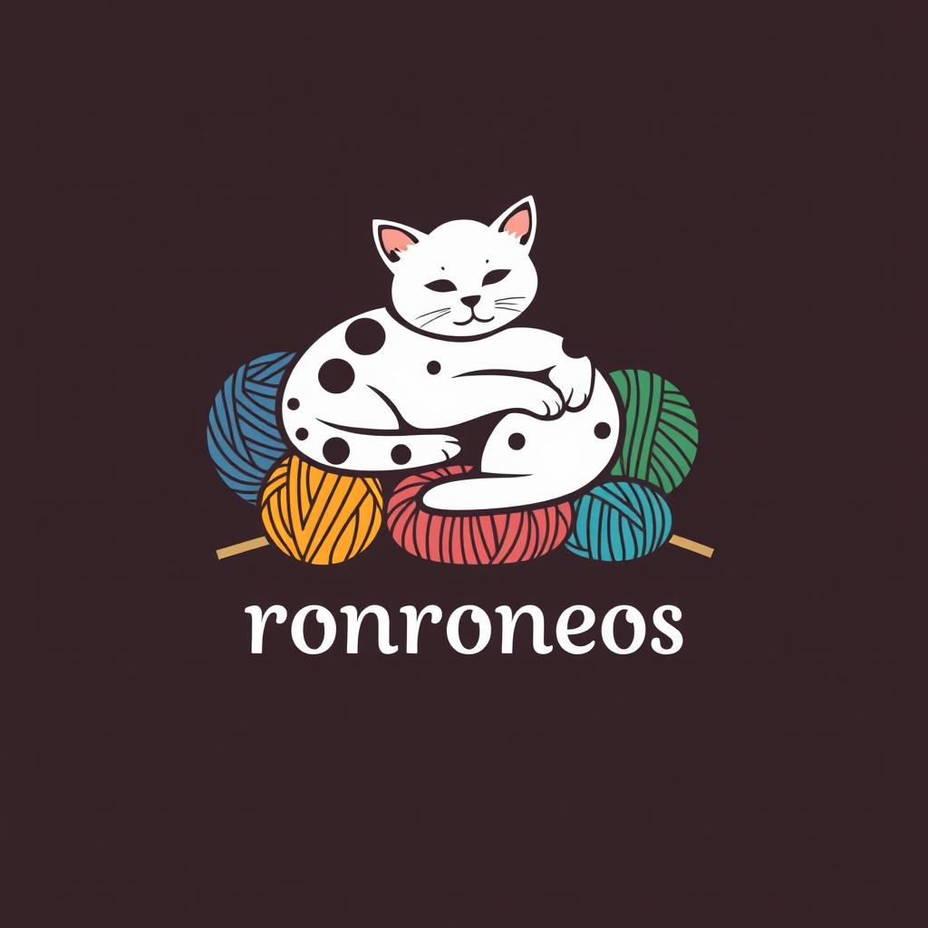 A logo design for a knitting business featuring a white cat with black spots lounging on colorful yarn balls