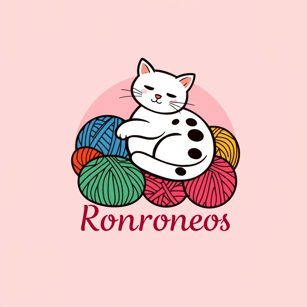 A logo design for a knitting business featuring a cute white cat with black spots, lounging comfortably atop colorful yarn balls