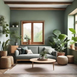 A vintage-style living room using natural materials, predominantly wood, and filled with plants. The color scheme is a blend of nude, green, and gray.