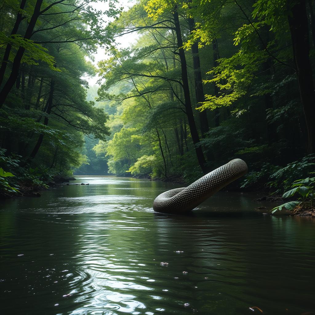 In the middle of a lush, dense forest filled with thick trees, a calm river flows gently
