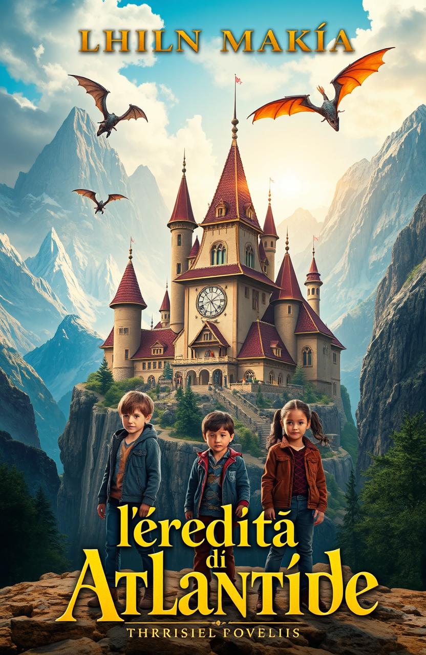 A captivating book cover depicting a majestic magic school nestled amongst towering mountains, showcasing a blend of European, Chinese, Greek, and Arabic architectural styles