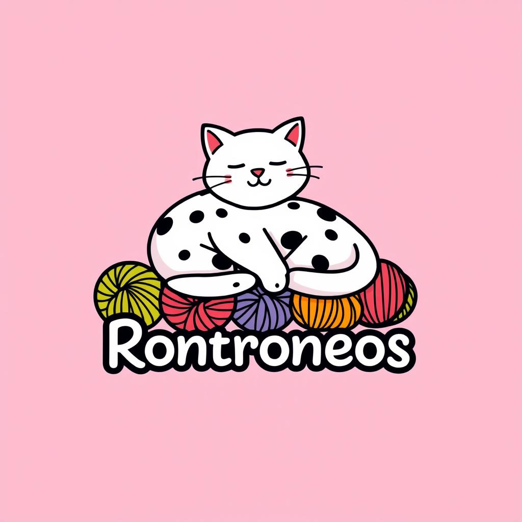 A logo design for a knitting business featuring a white cat with black spots, comfortably lying on colorful yarn balls
