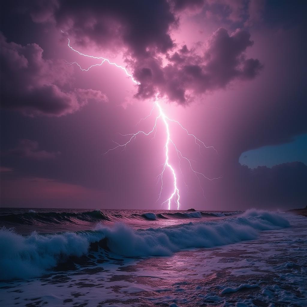 A dramatic and captivating scene of a deep pink and purple-gray storm brewing over the sea