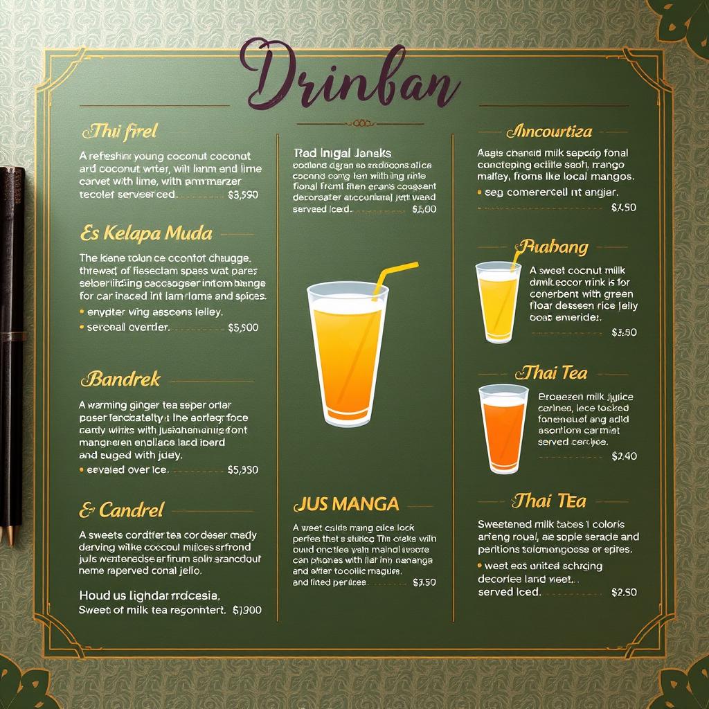 A beautifully designed restaurant menu featuring traditional Banjar cuisine, highlighting various drinks