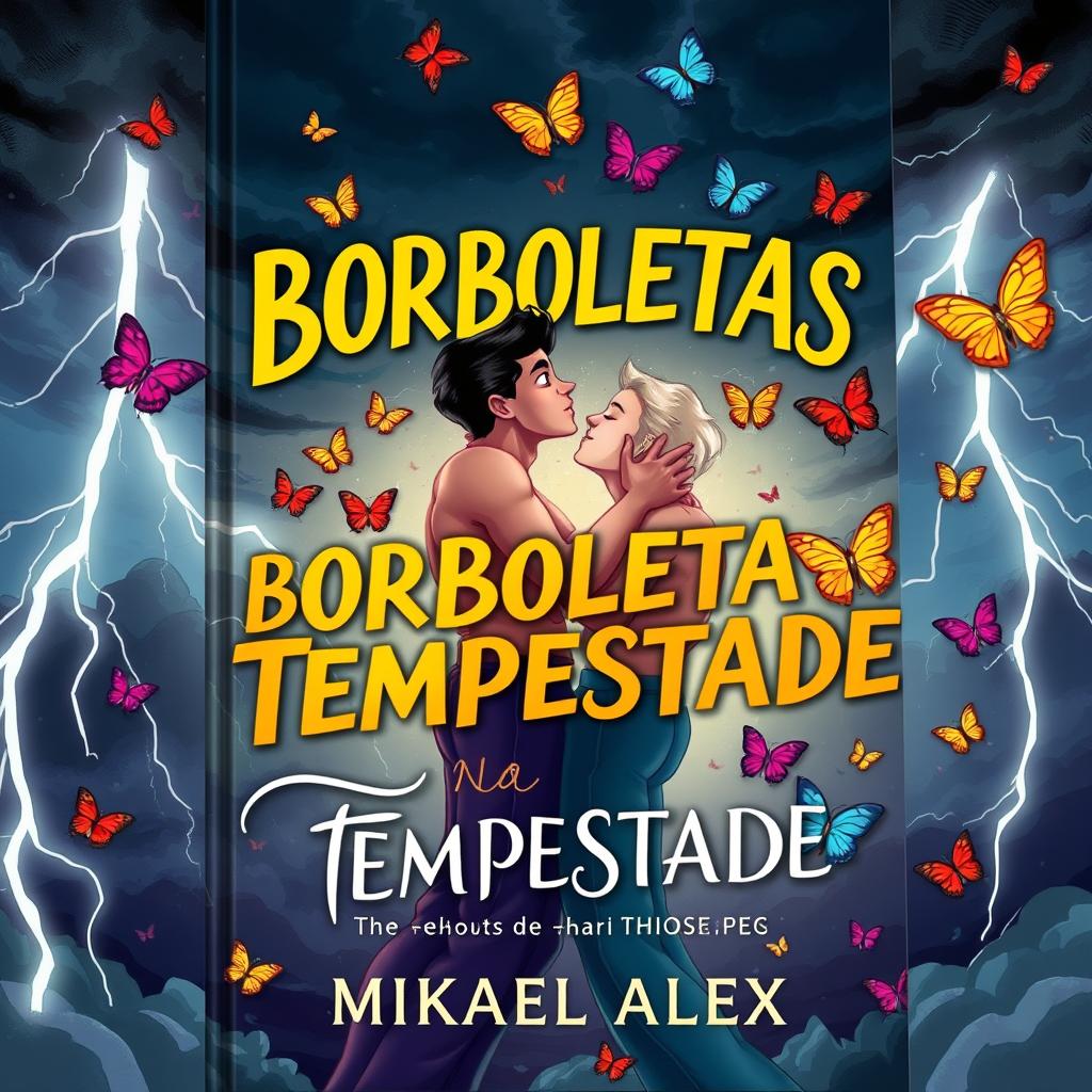 A vibrant book cover featuring a gay couple passionately kissing during a storm, surrounded by colorful butterflies swirling around them