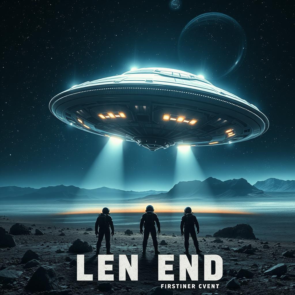 A striking movie poster featuring an alien spaceship landing on a desolate planet with dramatic lighting