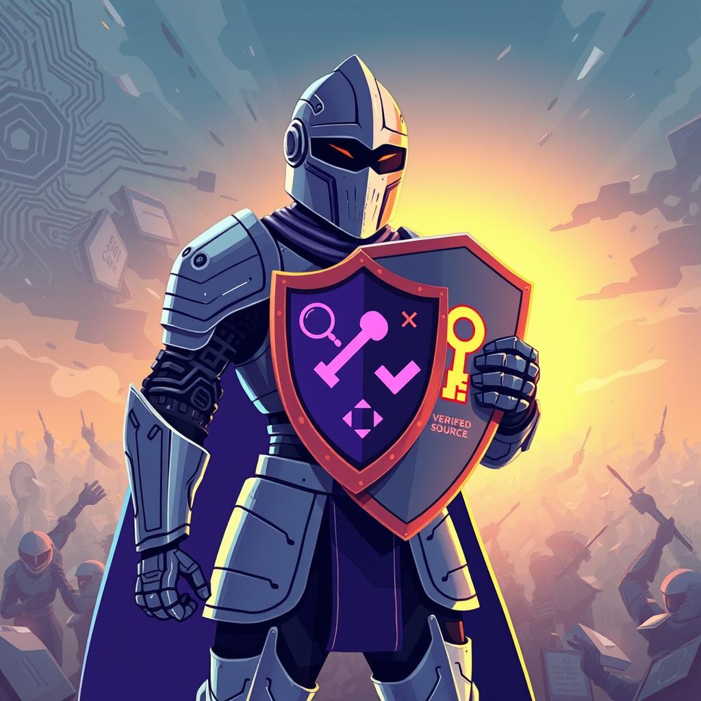 A digitally illustrated modern knight, fully clad in futuristic armour that merges sleek, digital elements like circuit patterns and neon accents with traditional armour details