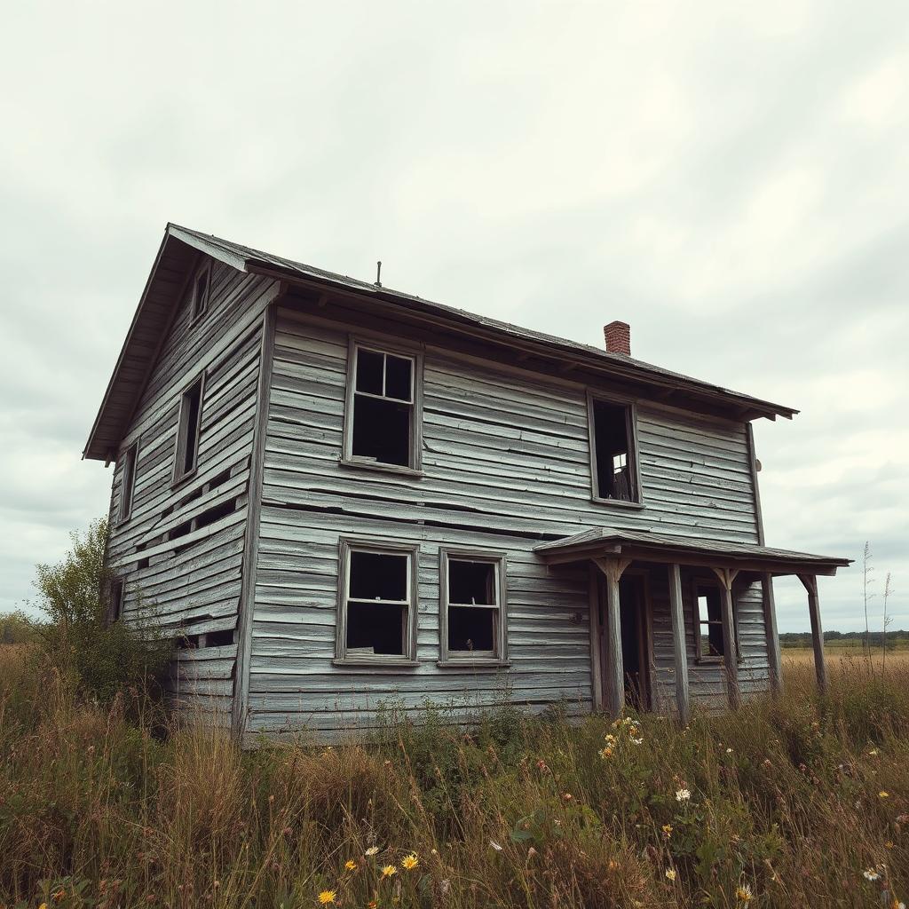A dilapidated wooden house in a state of disrepair, featuring peeling paint, broken windows, and sagging walls