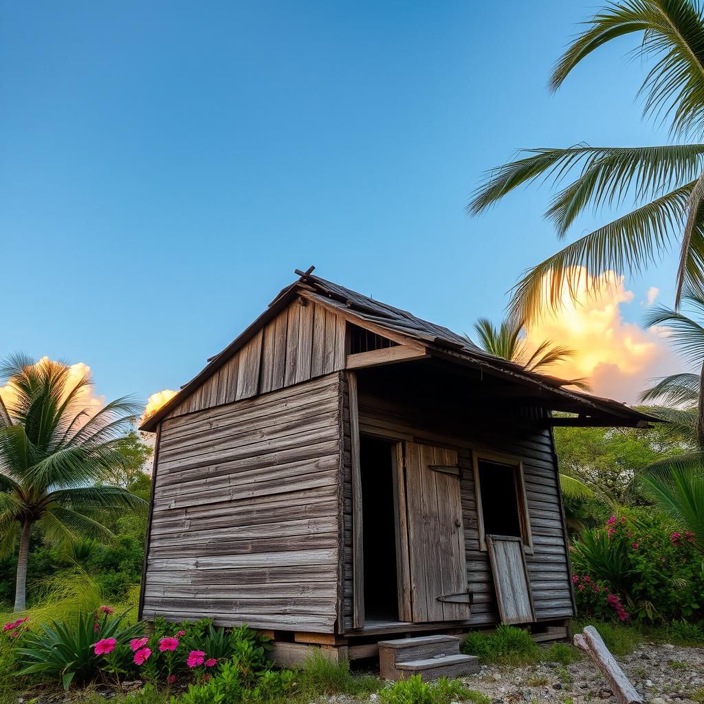 A small, one-story wooden house in Belize, showing signs of deterioration