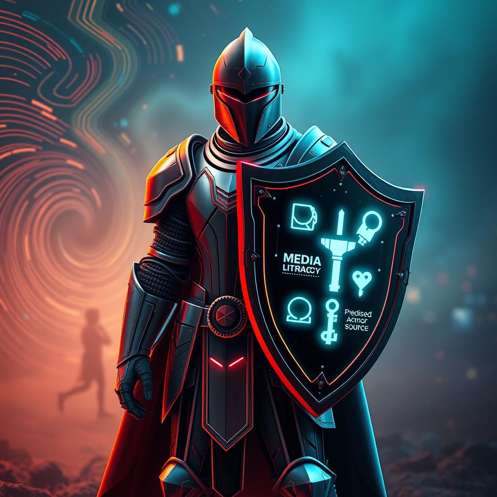 A modern knight in fully futuristic digital armour, merging sleek digital elements like circuit patterns and neon accents with traditional armour details