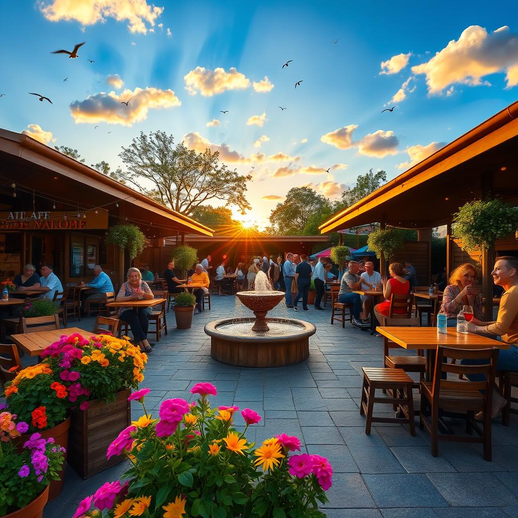 A vibrant and lively outdoor café scene during golden hour, filled with colorful flowers in full bloom, cozy wooden tables with chairs, patrons enjoying their drinks, a small fountain bubbling in the center, and a picturesque sunset casting warm hues across the sky