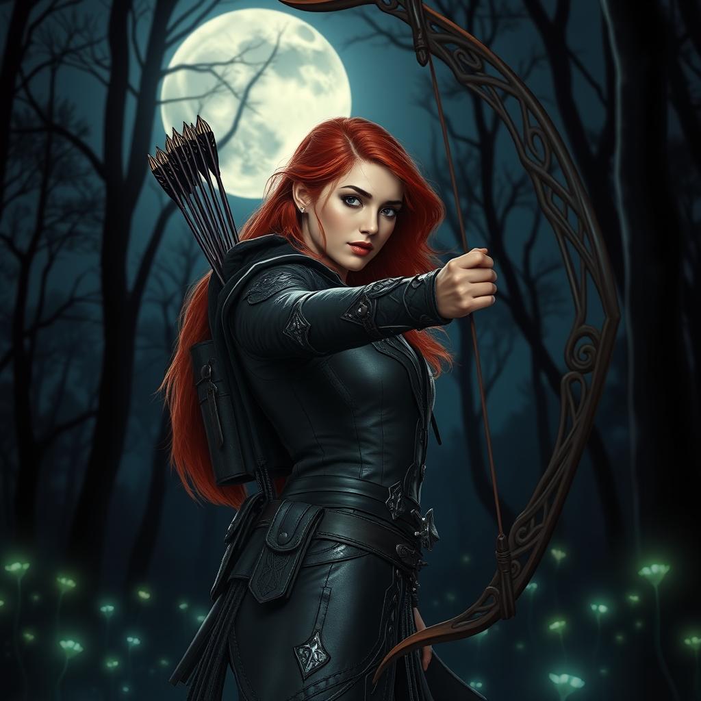 A stunning red-haired female archer standing poised in the moonlight, with an intricately designed bow in her hand and a quiver of arrows slung over her shoulder