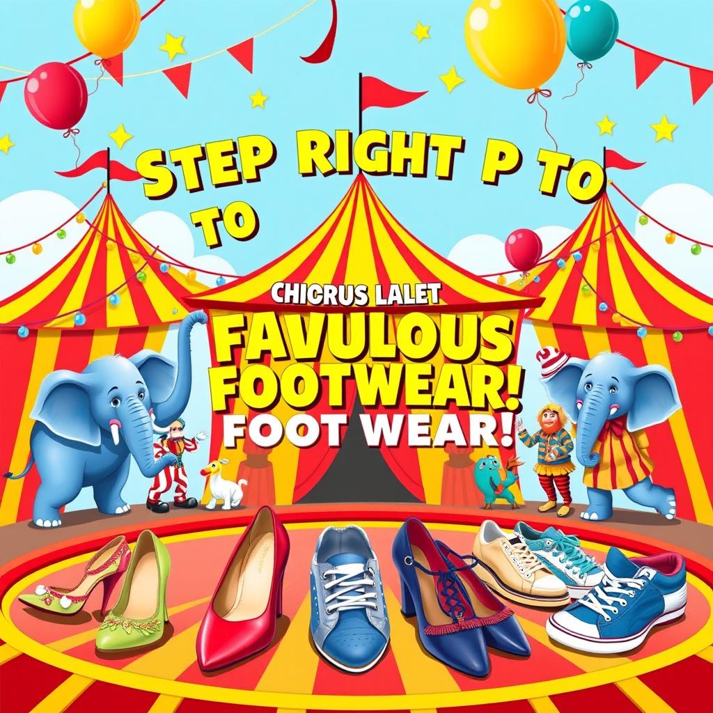 A vibrant and colorful circus-themed poster for a shoe store, featuring a whimsical circus tent in the background, with bold lettering that reads 'Step Right Up to Fabulous Footwear!' The poster includes playful illustrations of circus animals like elephants and clowns, showcasing stylish shoes in their hands or feet