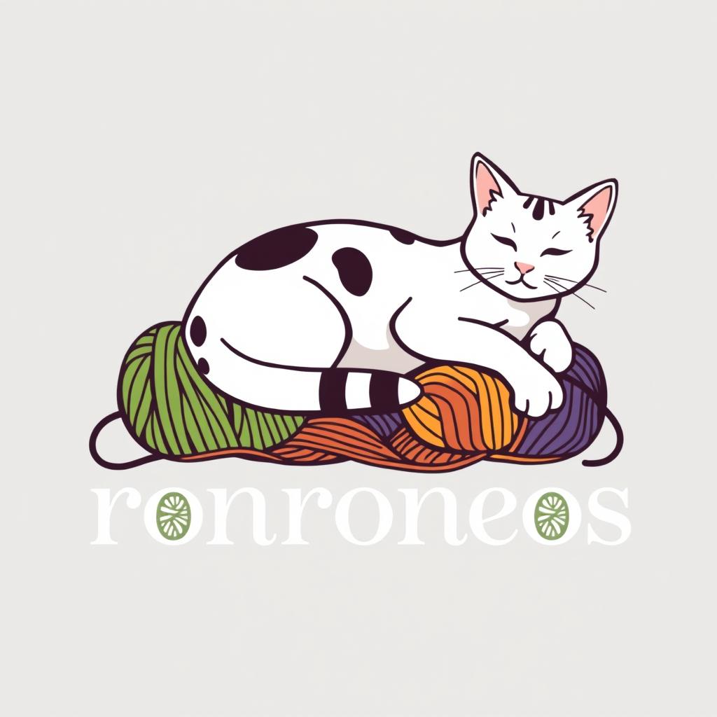 A logo for a knitting business featuring a white cat with black spots lounging atop colorful skeins of yarn