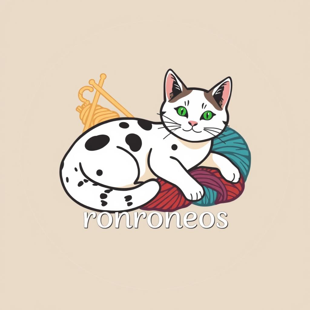A logo design for a knitting business featuring a white cat with black spots lying on colorful yarn