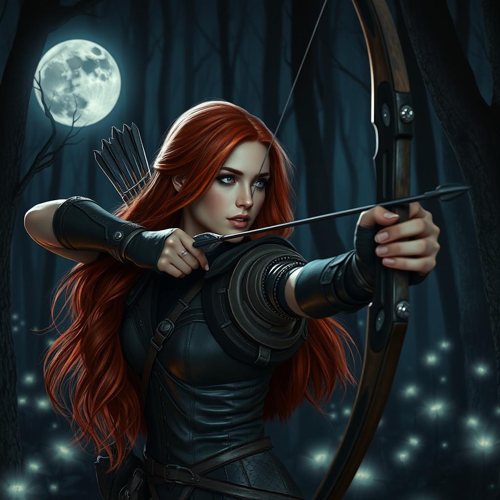 A captivating red-haired female archer in a dark, enchanting forest at night, looking down the shaft of her arrow with intense focus