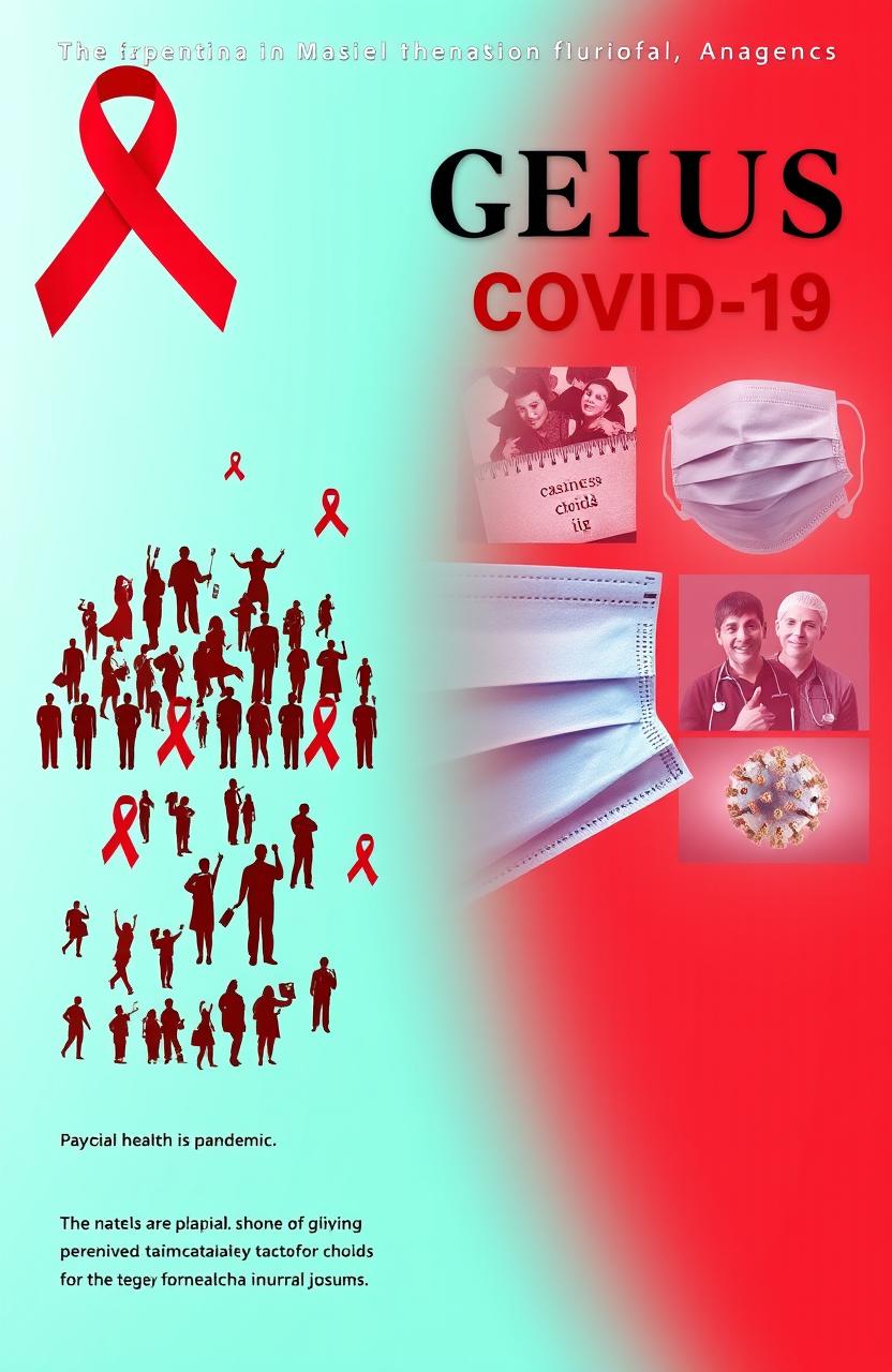 A creative split cover design, where the left half represents the AIDS epidemic with symbolic imagery such as red ribbons, silhouettes of people in solidarity, and poignant visuals of awareness campaigns