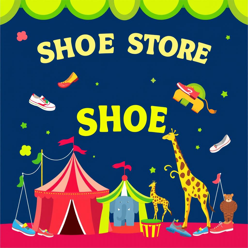 A vibrant circus layout poster for a shoe store featuring a colorful and festive atmosphere