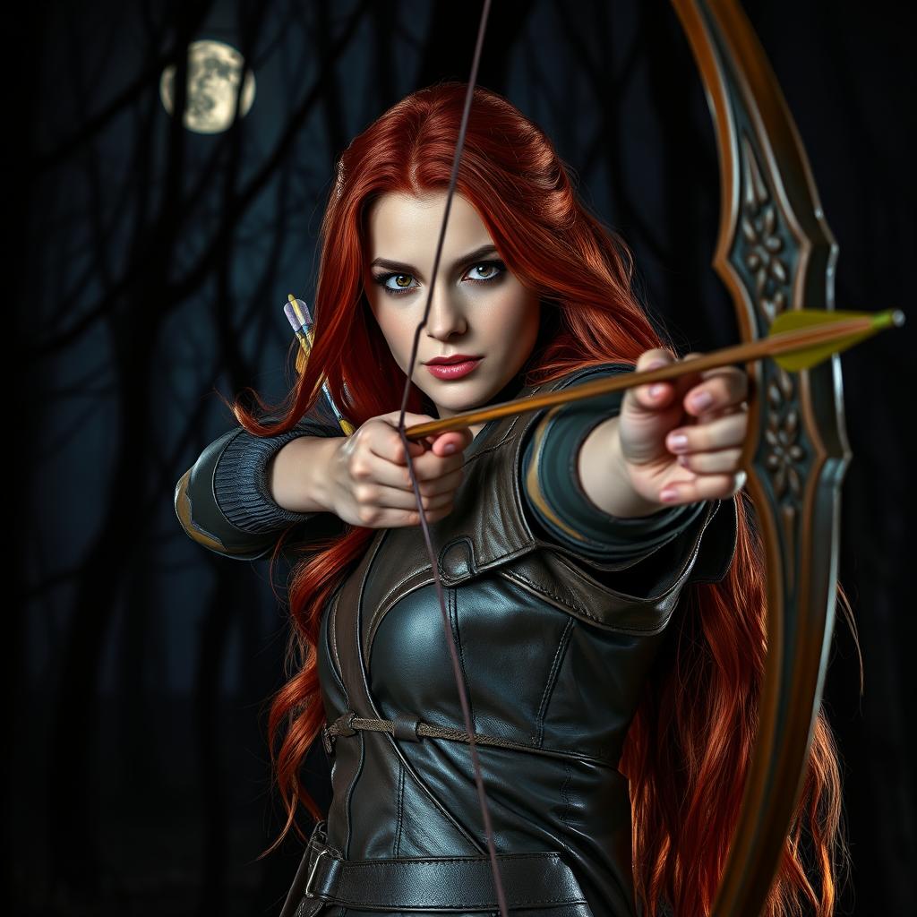 A striking image of a red-haired female archer standing confidently at night, with a determined expression on her face